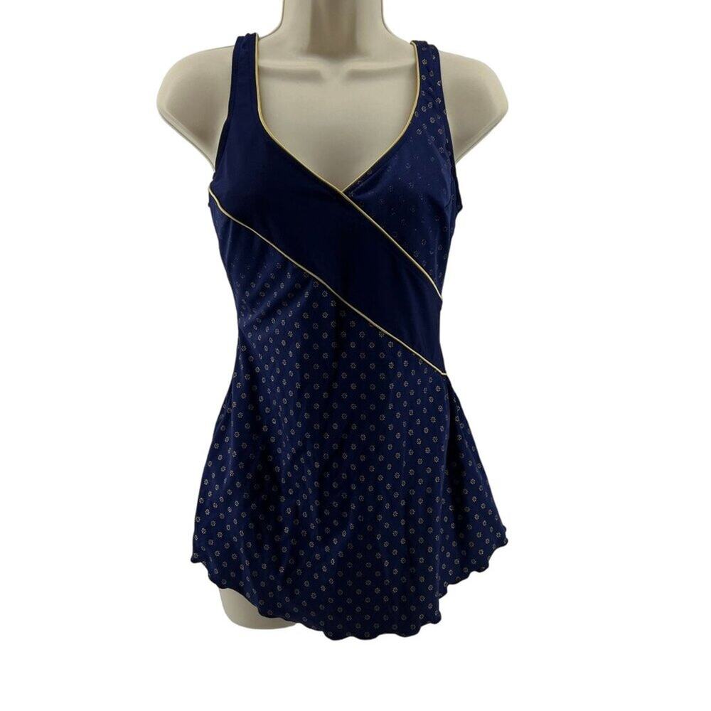 Vintage Slim Allure Navy Blue Gold Accents One Piece Swimsuit Womens 14